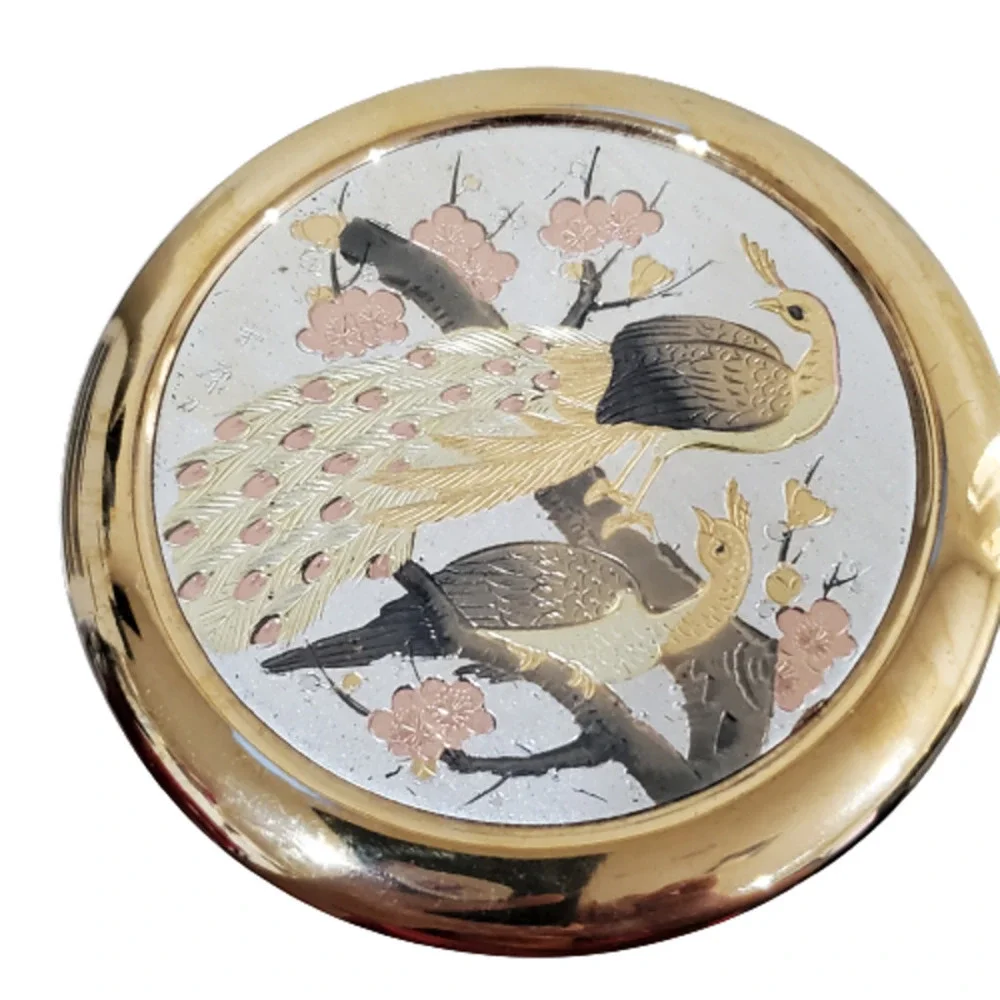 Vintage Chokin Art Peacock Engraved and Gilded in Gold Trinket Dish From Japan